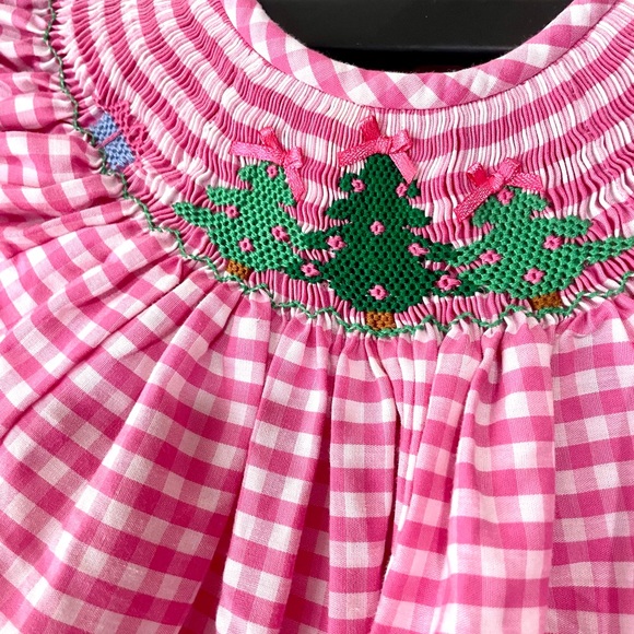 Southern Sunshine Pink Gingham Smocked Holiday Dress Size 9M EUC - Picture 5 of 7